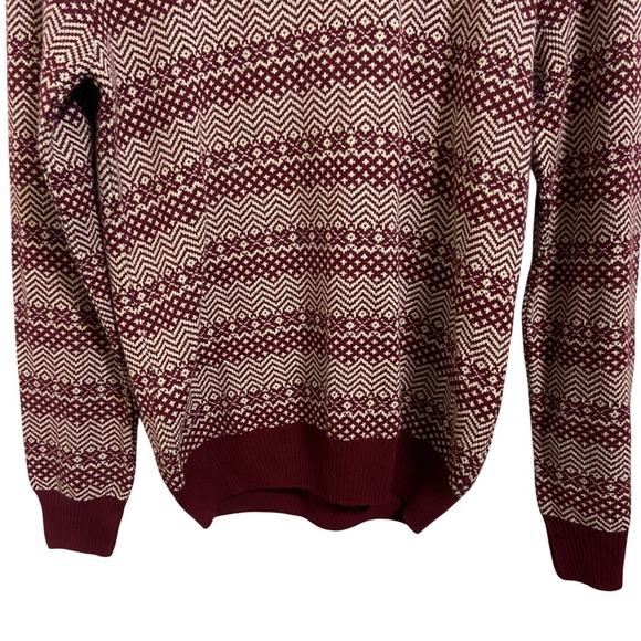ASOS Burgundy Geometric Chevron Knit Crew Neck Sweater Grandad Nordic Retro S - Picture 10 of 10